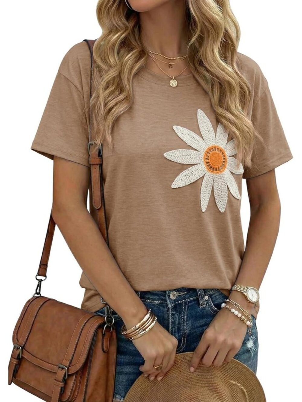 Women's Chestnut Crew-neck Short Sleeve Flower Embroidery Drop Shoulder Top